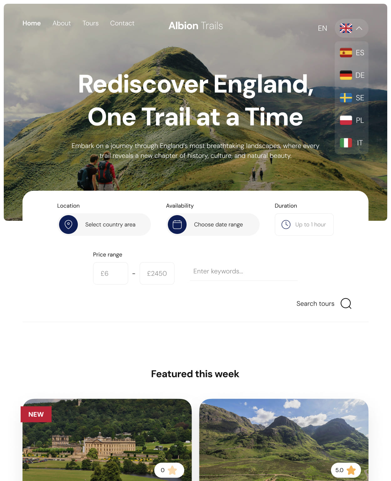 Homepage of a tour service site featuring hiking trails in England - tablet breakpoint. A language dropdown is expanded showcasing 6 available languages: English, Spanish, Deutsch, Swedish, Polish and Italian.